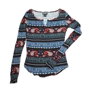 Lucky Brand Top Womens Size S Multicolor Paisley Thermal Waffle Knit Henley Gorp